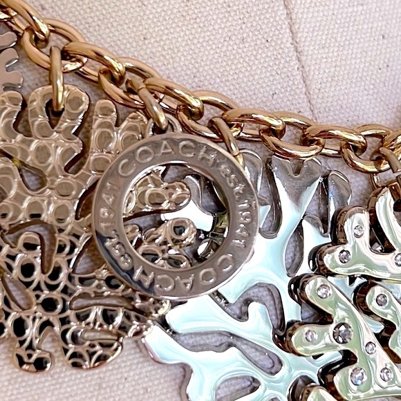 NWOT Coach Tri-Color Pave Coral Multi Disk Statement Necklace - Picture 13 of 14